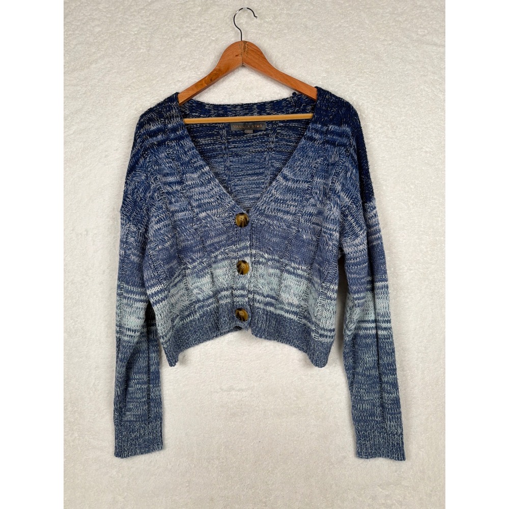 Vanilla Star Cardigan Women L Blue Ombre Cable Knit Cropped Button Front SW9001J